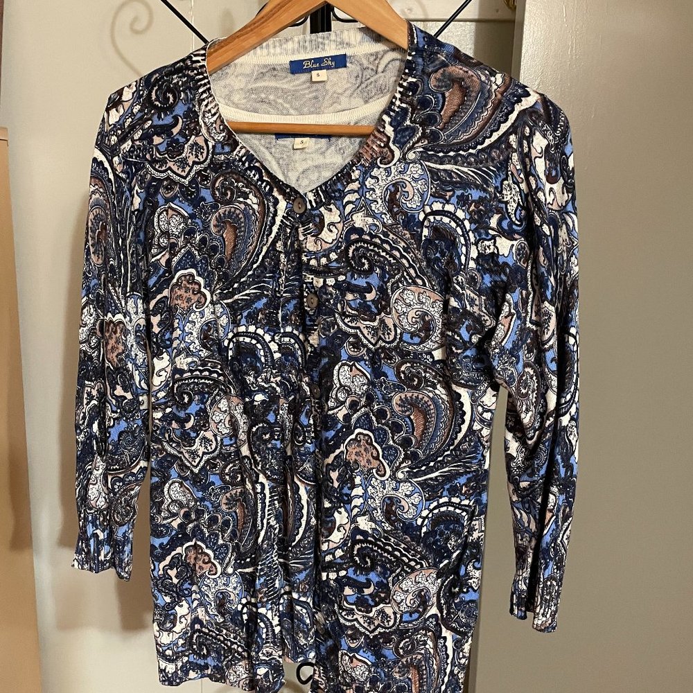 BLUE SKY Bamboo Cotton Blue Paisley Sweater Set - Cardigan and Tank